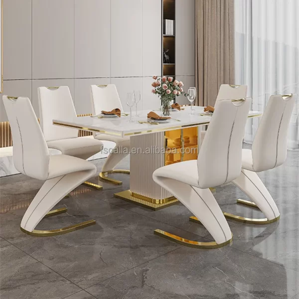 Luxury slate marble modern stainless steel rectangular white dining room table set with 6 seater restaurant 4 chair furniture - Image 9