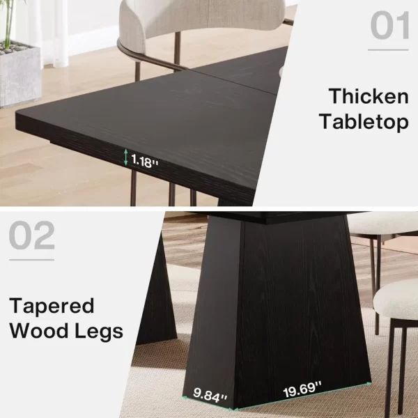 63-Inch Black Dining Table for 4-6, Modern Kitchen Table with Sturdy Tapered Wood Legs, Rectangular Dinner Table with Large - Image 4