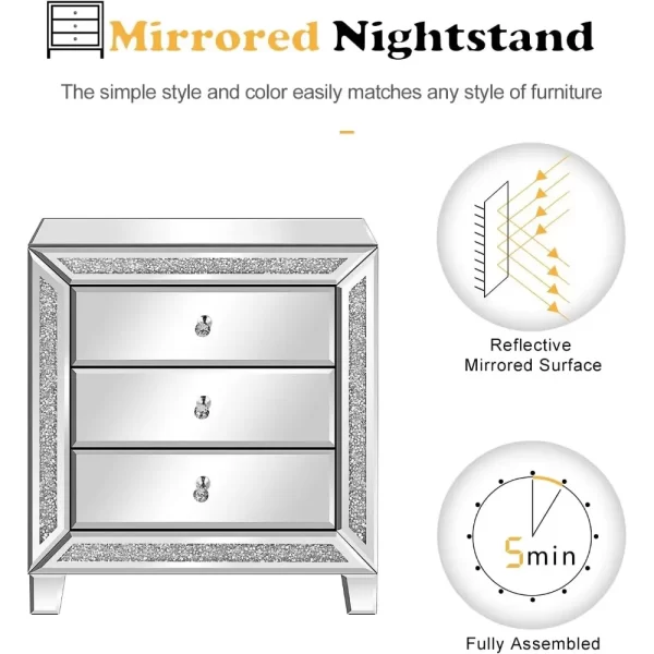 Mirrored Nightstands set of 2 Modern Bedside Table 3 Drawer Glass Side End Table Silver Dresser for Bedroom,23W x 13.8D x 24.8H - Image 5