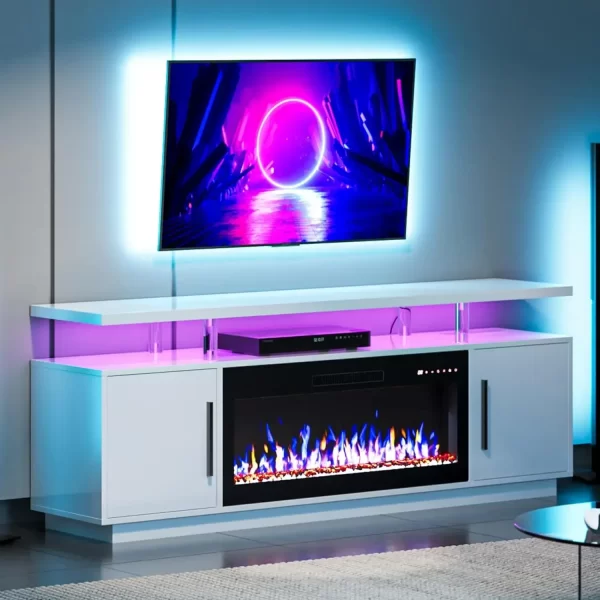 Stand for TVs up to 75", LED Light Entertainment Center with 36" Electric Fireplace Heater, Storage Cabinet with USB AC Outlet