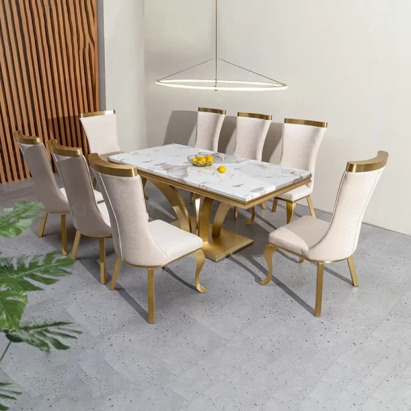 high end custom wholesale modern luxury marble dinning table medium gold plated trimming gloss dining table with chair 6 seater - Image 2