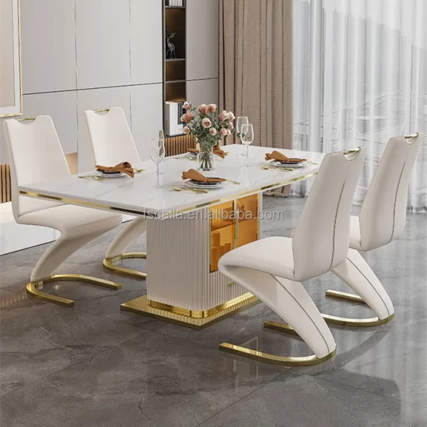 Luxury slate marble modern stainless steel rectangular white dining room table set with 6 seater restaurant 4 chair furniture - Image 12