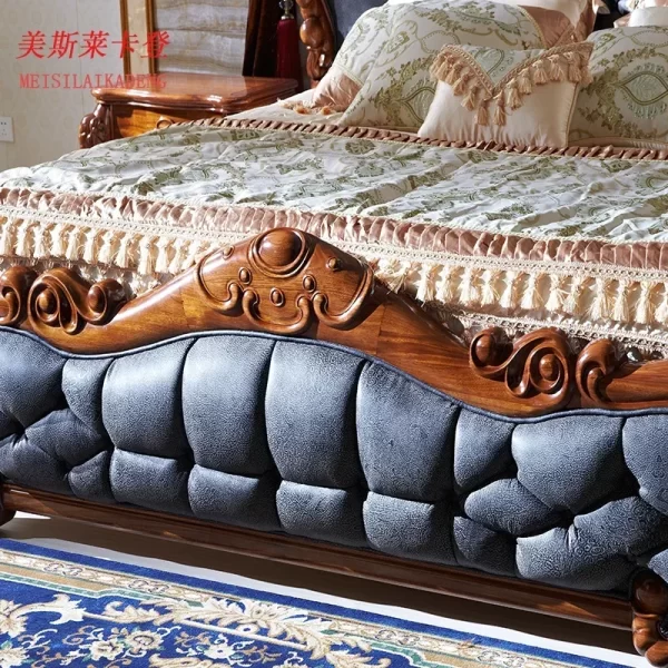 1Ugyen Wood Luxury Elephant Carved Big Bed European Style Villa Bedroom Leather Double Bed - Image 5