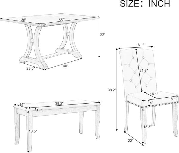 6-Piece Dining Table Set For 6 Rectangular Kitchen Table Set With 4 Upholstered Chairs And Bench Farmhouse Dining Room Set With - Image 4