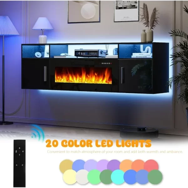 TV Stand 70'' with LED Light and Storage  & Highlight Cabinet, Floating Fireplace Modern Wood Media TV Console - Image 4