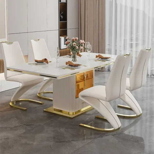 Luxury slate marble modern stainless steel rectangular white dining room table set with 6 seater restaurant 4 chair furniture - Image 4