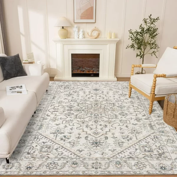 Washable Area Rugs 8x10 :Beige Large Living Room Bedroom Rug - Vintage Soft Indoor Floor Carpet with Non-Slip Rubber Backing for - Image 2