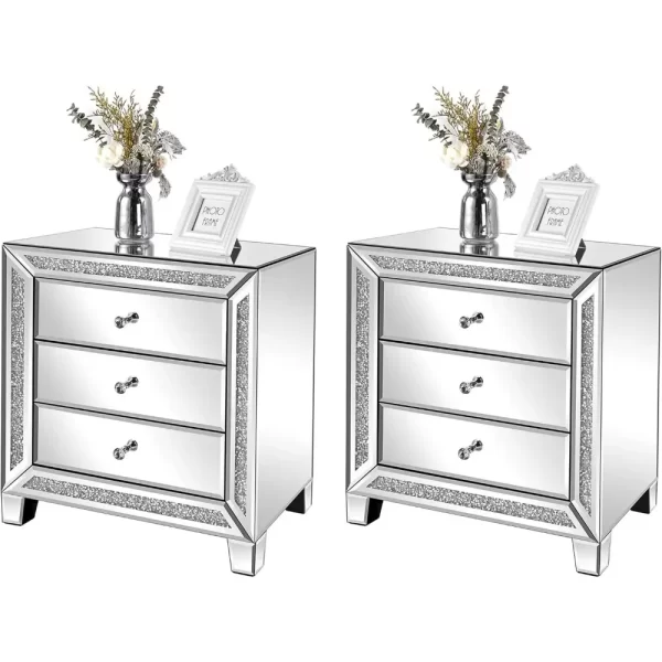 Mirrored Nightstands set of 2 Modern Bedside Table 3 Drawer Glass Side End Table Silver Dresser for Bedroom,23W x 13.8D x 24.8H