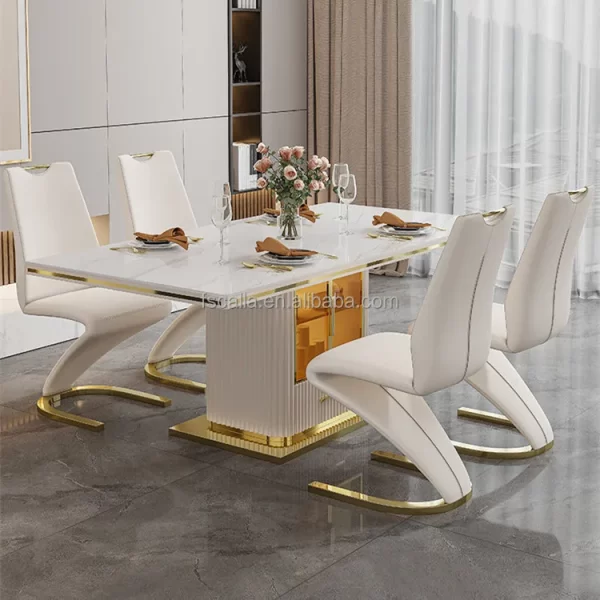 Luxury slate marble modern stainless steel rectangular white dining room table set with 6 seater restaurant 4 chair furniture - Image 14