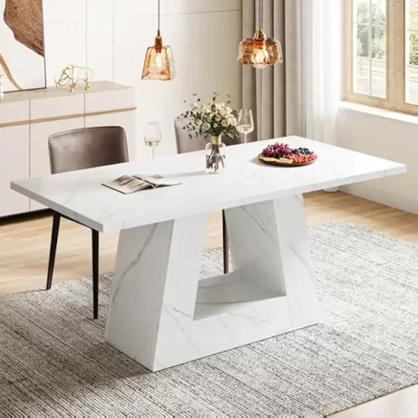 Dining Table for 6 People, 63" Rectangular Dining Room Table, Modern Wooden Faux Marble Dinner with Sturdy Base for Kitchen, - Image 4