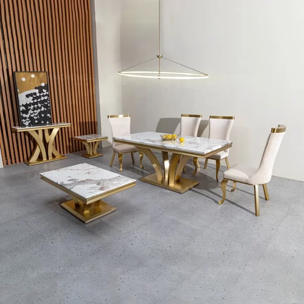 high end custom wholesale modern luxury marble dinning table medium gold plated trimming gloss dining table with chair 6 seater - Image 10