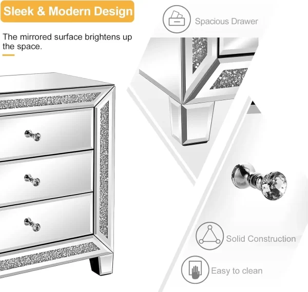 Mirrored Nightstands set of 2 Modern Bedside Table 3 Drawer Glass Side End Table Silver Dresser for Bedroom,23W x 13.8D x 24.8H - Image 7