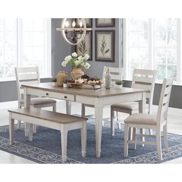 Skempton Farmhouse Rectangular Dining Room Table with Storage, White & Light Brown