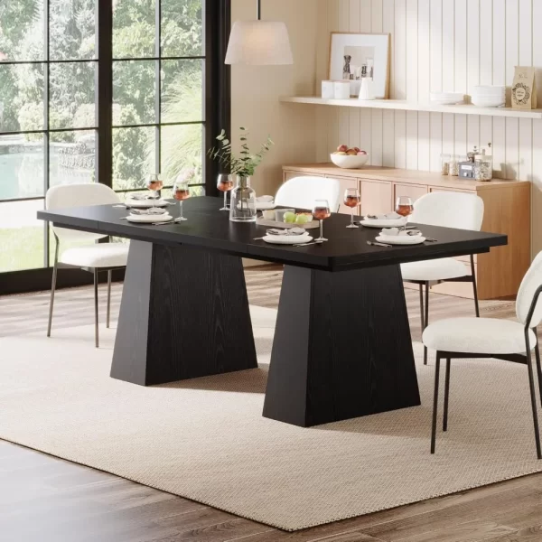 63-Inch Black Dining Table for 4-6, Modern Kitchen Table with Sturdy Tapered Wood Legs, Rectangular Dinner Table with Large