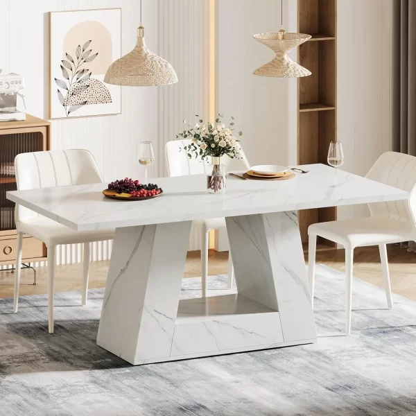 Modern Wooden Faux Marble Dinner Table with Sturdy Base for Kitchen, Living Room - Image 3