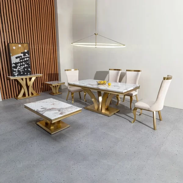 high end custom wholesale modern luxury marble dinning table medium gold plated trimming gloss dining table with chair 6 seater