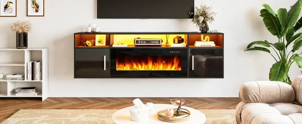 TV Stand 70'' with LED Light and Storage  & Highlight Cabinet, Floating Fireplace Modern Wood Media TV Console - Image 7