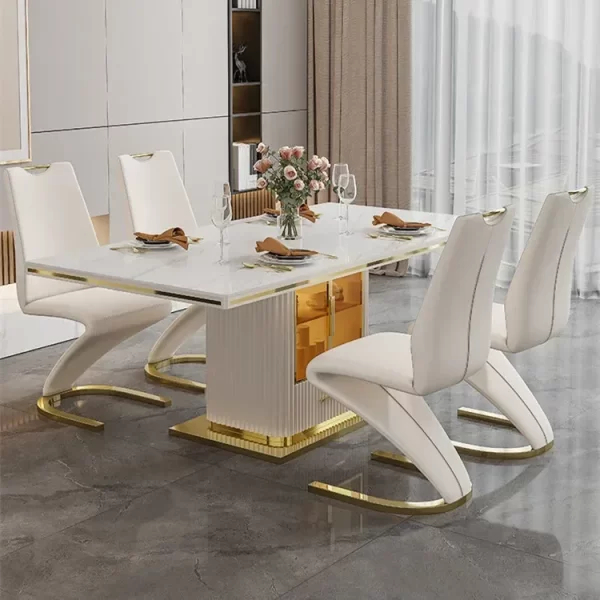 Luxury slate marble modern stainless steel rectangular white dining room table set with 6 seater restaurant 4 chair furniture - Image 5