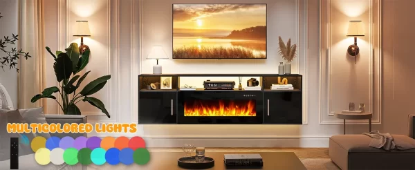 TV Stand 70'' with LED Light and Storage  & Highlight Cabinet, Floating Fireplace Modern Wood Media TV Console - Image 8