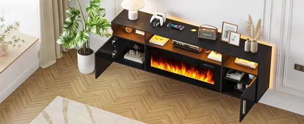 TV Stand 70'' with LED Light and Storage  & Highlight Cabinet, Floating Fireplace Modern Wood Media TV Console - Image 15