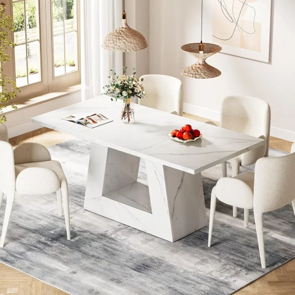 Modern Wooden Faux Marble Dinner Table with Sturdy Base for Kitchen, Living Room - Image 2