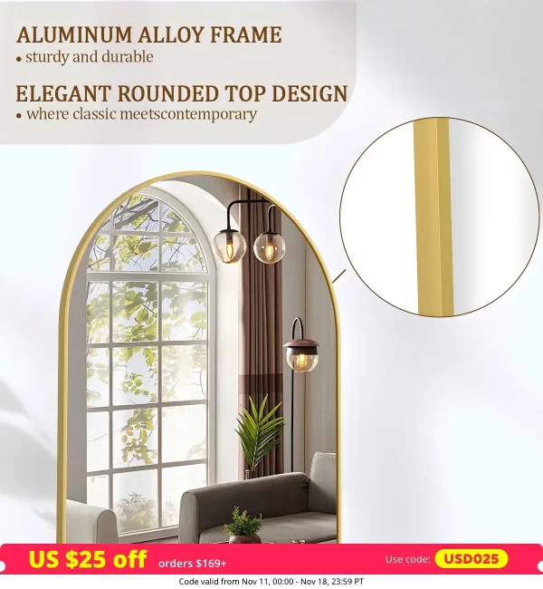 Arched Full Length Mirror, 71"x26" Full Body Floor Mirror Standing Hanging or Leaning Wall, Full Body Mirror with Stand - Image 4