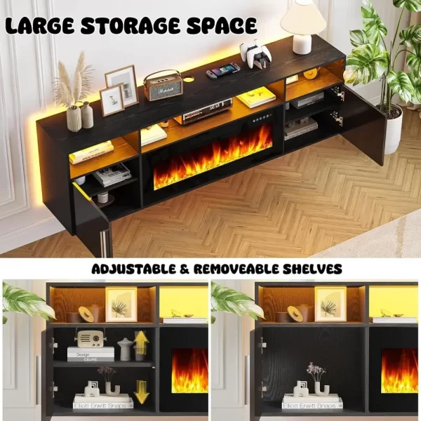 TV Stand 70'' with LED Light and Storage  & Highlight Cabinet, Floating Fireplace Modern Wood Media TV Console - Image 5