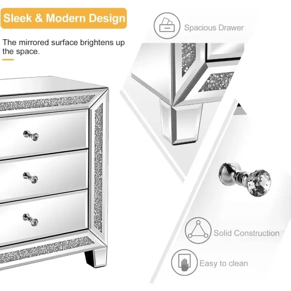 Mirrored Nightstands set of 2 Modern Bedside Table 3 Drawer Glass Side End Table Silver Dresser for Bedroom,23W x 13.8D x 24.8H - Image 4