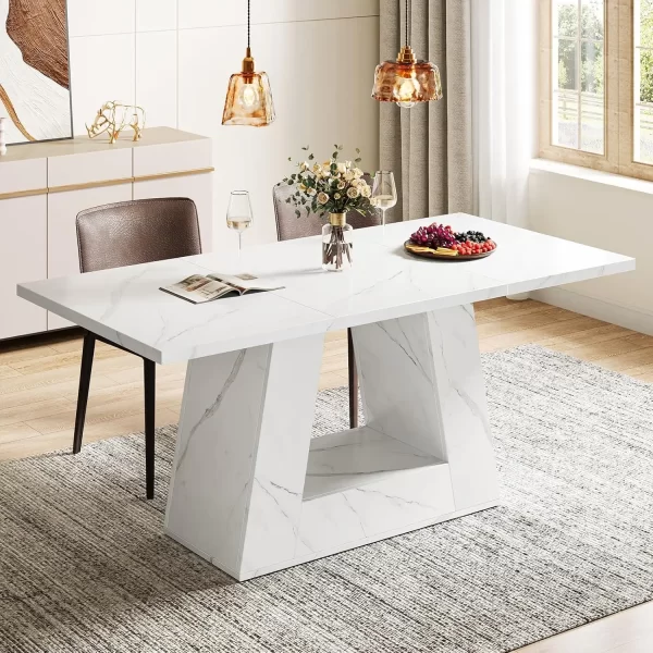 Modern Wooden Faux Marble Dinner Table with Sturdy Base for Kitchen, Living Room