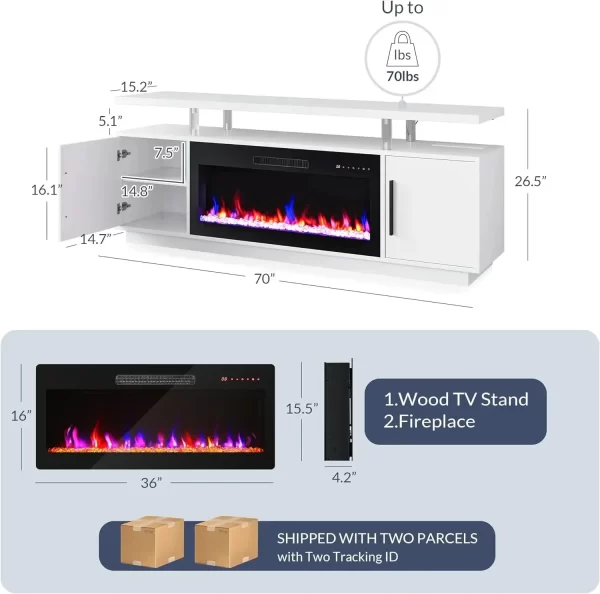 Stand for TVs up to 75", LED Light Entertainment Center with 36" Electric Fireplace Heater, Storage Cabinet with USB AC Outlet - Image 2