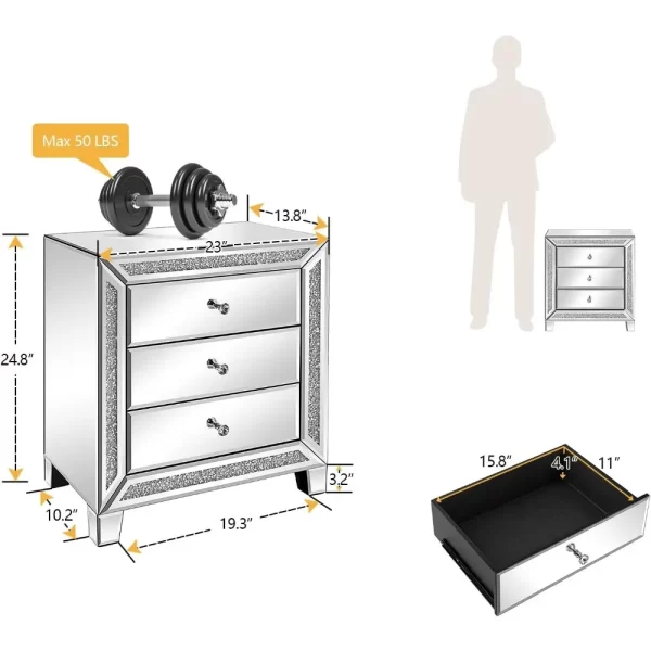 Mirrored Nightstands set of 2 Modern Bedside Table 3 Drawer Glass Side End Table Silver Dresser for Bedroom,23W x 13.8D x 24.8H - Image 3