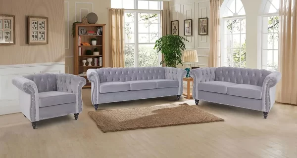 3 Pieces of Living Room Furniture Sofa Sets, Modern Velvet Chesterfield Sofa&Chesterfield Loveseat Sofas Set - Image 3