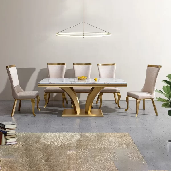 high end custom wholesale modern luxury marble dinning table medium gold plated trimming gloss dining table with chair 6 seater - Image 3