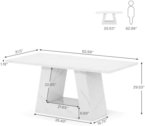 Dining Table for 6 People, 63" Rectangular Dining Room Table, Modern Wooden Faux Marble Dinner with Sturdy Base for Kitchen, - Image 2