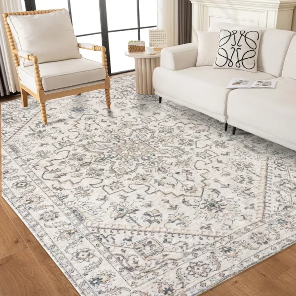 Washable Area Rugs 8x10 :Beige Large Living Room Bedroom Rug - Vintage Soft Indoor Floor Carpet with Non-Slip Rubber Backing for