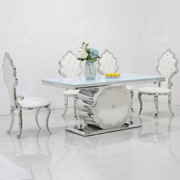 Modern flower stainless steel dinning table set dining room furniture with 8 chairs white gloss glass dining tables - Image 3