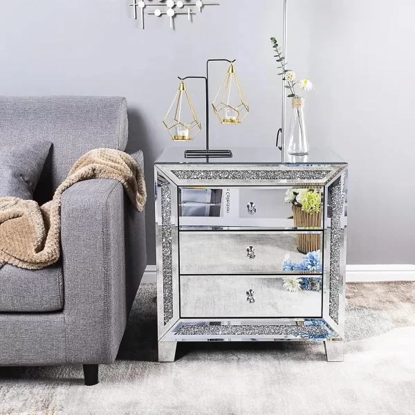 Mirrored Nightstands set of 2 Modern Bedside Table 3 Drawer Glass Side End Table Silver Dresser for Bedroom,23W x 13.8D x 24.8H - Image 10