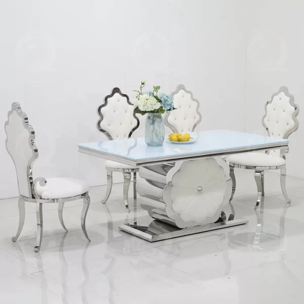 Modern flower stainless steel dinning table set dining room furniture with 8 chairs white gloss glass dining tables - Image 4