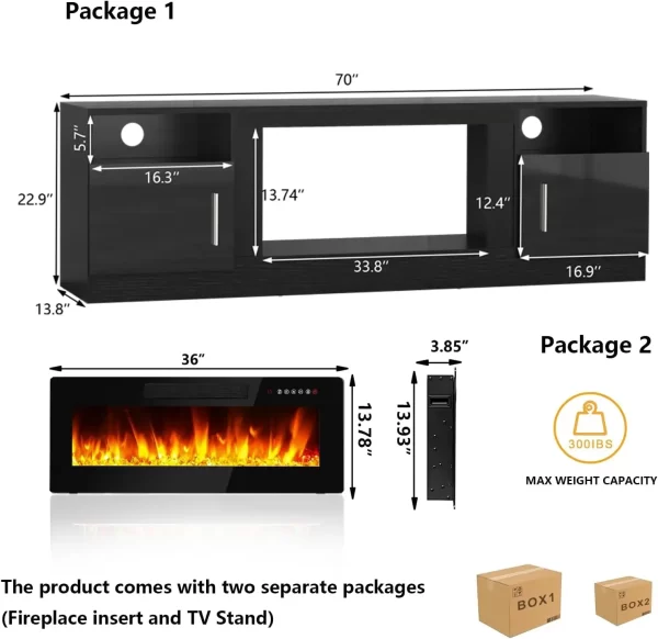 TV Stand 70'' with LED Light and Storage  & Highlight Cabinet, Floating Fireplace Modern Wood Media TV Console - Image 2