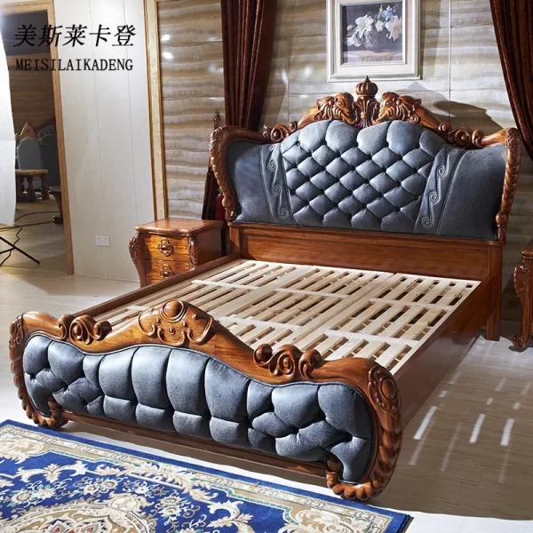 1Ugyen Wood Luxury Elephant Carved Big Bed European Style Villa Bedroom Leather Double Bed - Image 3