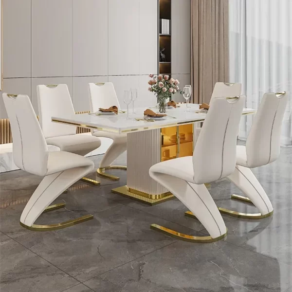 Luxury slate marble modern stainless steel rectangular white dining room table set with 6 seater restaurant 4 chair furniture - Image 2