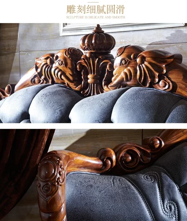 1Ugyen Wood Luxury Elephant Carved Big Bed European Style Villa Bedroom Leather Double Bed - Image 16