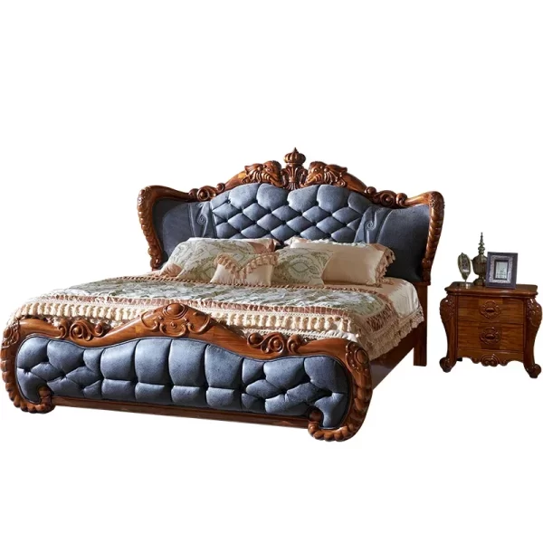 1Ugyen Wood Luxury Elephant Carved Big Bed European Style Villa Bedroom Leather Double Bed