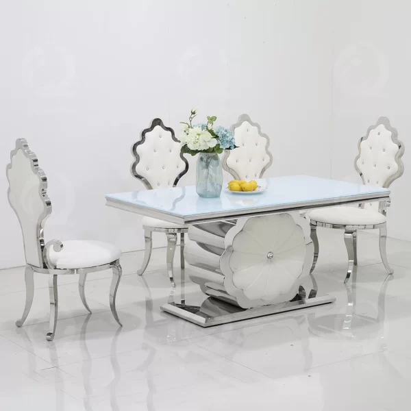 Modern flower stainless steel dinning table set dining room furniture with 8 chairs white gloss glass dining tables - Image 7