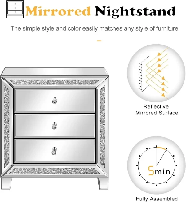 Mirrored Nightstands set of 2 Modern Bedside Table 3 Drawer Glass Side End Table Silver Dresser for Bedroom,23W x 13.8D x 24.8H - Image 8