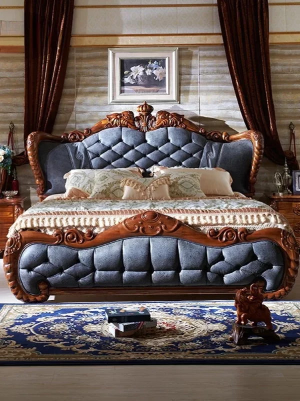 1Ugyen Wood Luxury Elephant Carved Big Bed European Style Villa Bedroom Leather Double Bed - Image 2