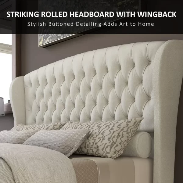 King Size Platform Bed Frame, Chenille Upholstered Sleigh Bed with Scroll Wingback Headboard & Footboard, Bed Frames - Image 4