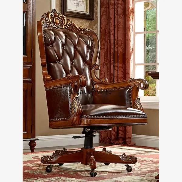 American solid wood computer chair European leather home office lift swivel chair - Image 2