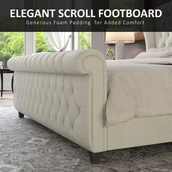 King Size Platform Bed Frame, Chenille Upholstered Sleigh Bed with Scroll Wingback Headboard & Footboard, Bed Frames - Image 3