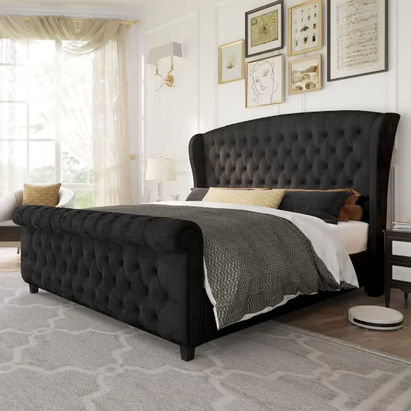 King Size Platform Bed Frame, Chenille Upholstered Sleigh Bed with Scroll Wingback Headboard & Footboard, Bed Frames - Image 7